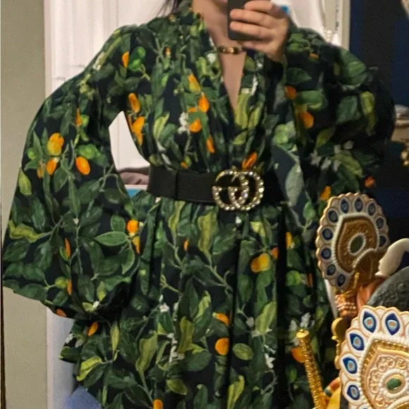 Oscar de la Renta Green Floral Pintuck Fortunella Mini Dress